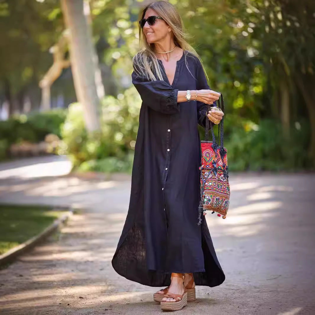Damen Maxikleid mit Knöpfen und eleganten Ärmeln in Weiß