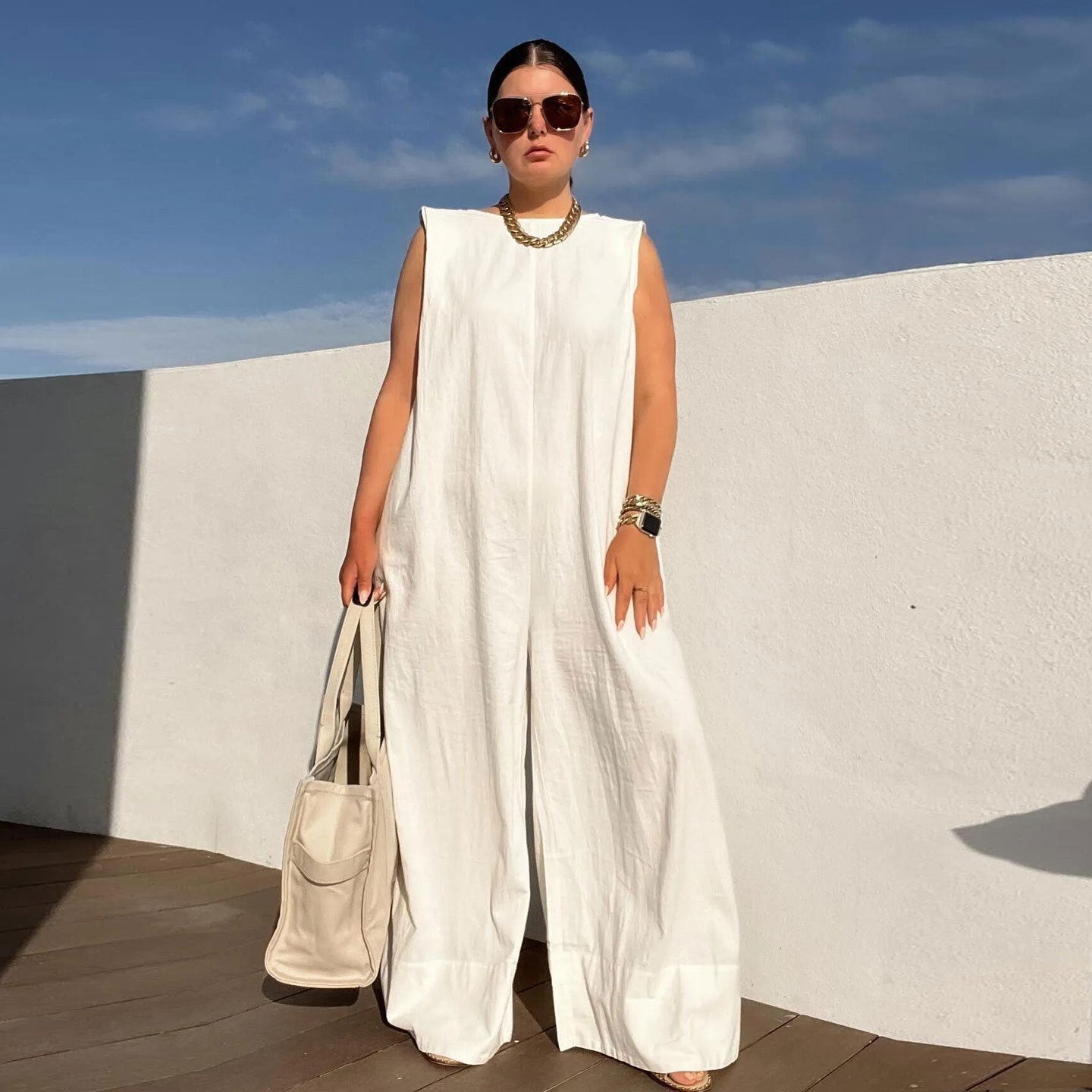 Damen weit geschnittener Jumpsuit mit Kapuze in Blau