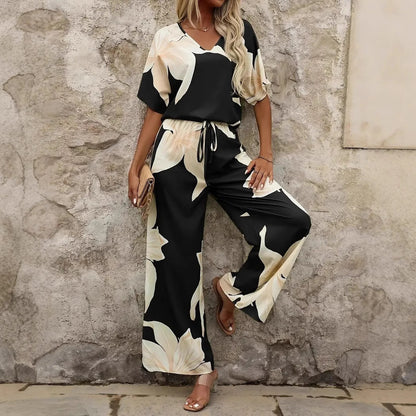 Damen luftiger Hosenanzug mit floralem Print und elastischem Bund in Gelb