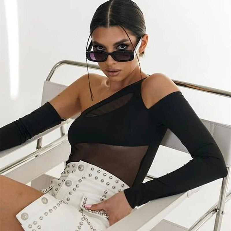 Damen Trendy One-Shoulder Body mit transparenten Einsätzen in Schwarz