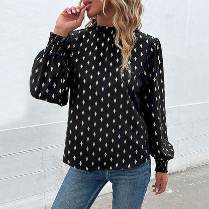 Damen Bluse mit elegantem Musterdruck und elegantem Stehkragen in Schwarz