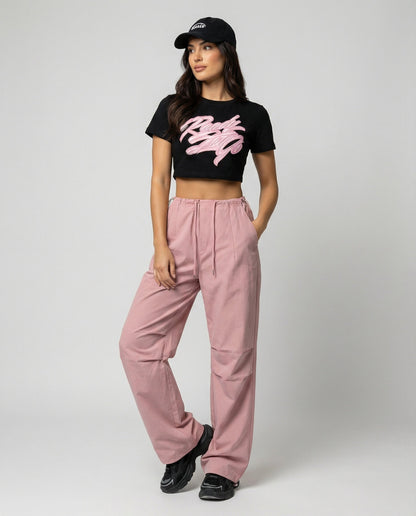 Damen hochgeschnittene weite Freizeithose mit Tunnelzugbund Kordelzügen und verstellbarem Beinabschluss in Rosa