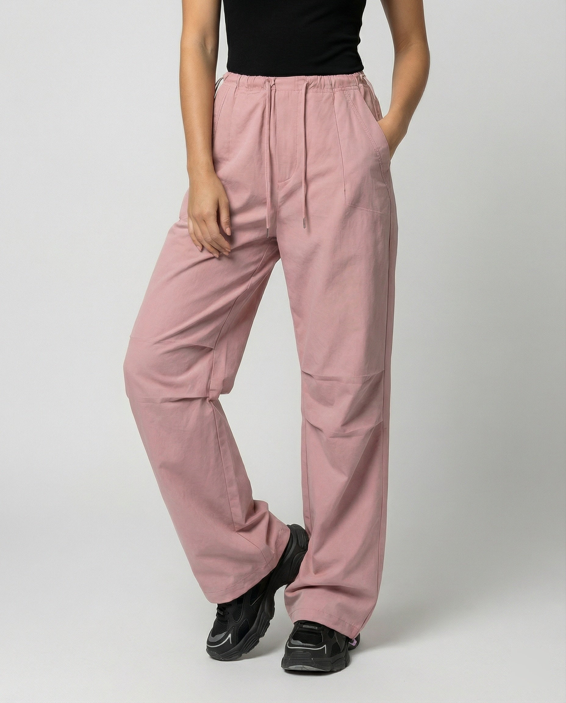 Damen hochgeschnittene weite Freizeithose mit Tunnelzugbund Kordelzügen und verstellbarem Beinabschluss in Rosa