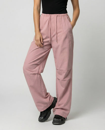 Damen hochgeschnittene weite Freizeithose mit Tunnelzugbund Kordelzügen und verstellbarem Beinabschluss in Rosa