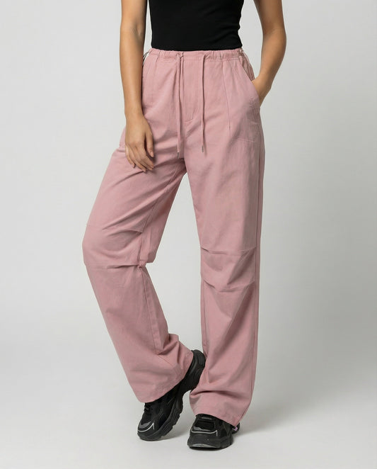 Damen hochgeschnittene weite Freizeithose mit Tunnelzugbund Kordelzügen und verstellbarem Beinabschluss in Rosa