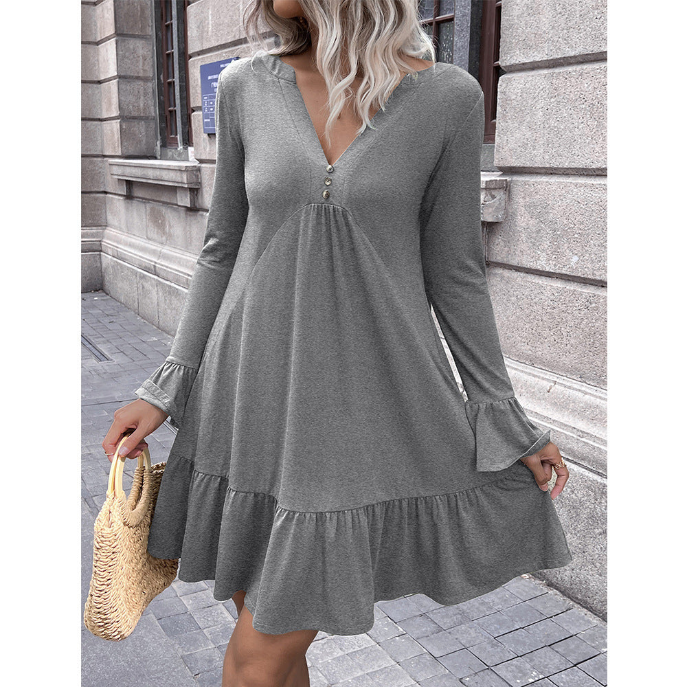 Damen lockeres Kleid mit schmeichelndem V-Ausschnitt und Glockenärmeln in Olivgrün