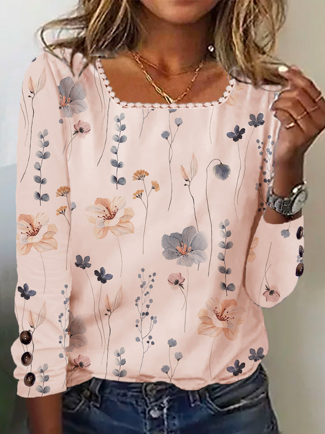 Damen Bluse mit floralem Druck und dekorativen Knopfdetails in Hellgelb