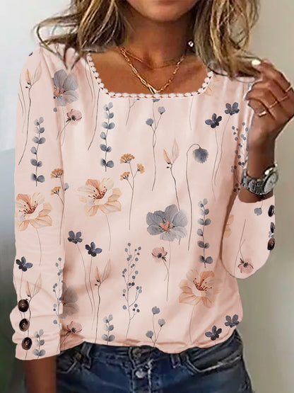 Damen Bluse mit floralem Druck und dekorativen Knopfdetails in Hellgelb
