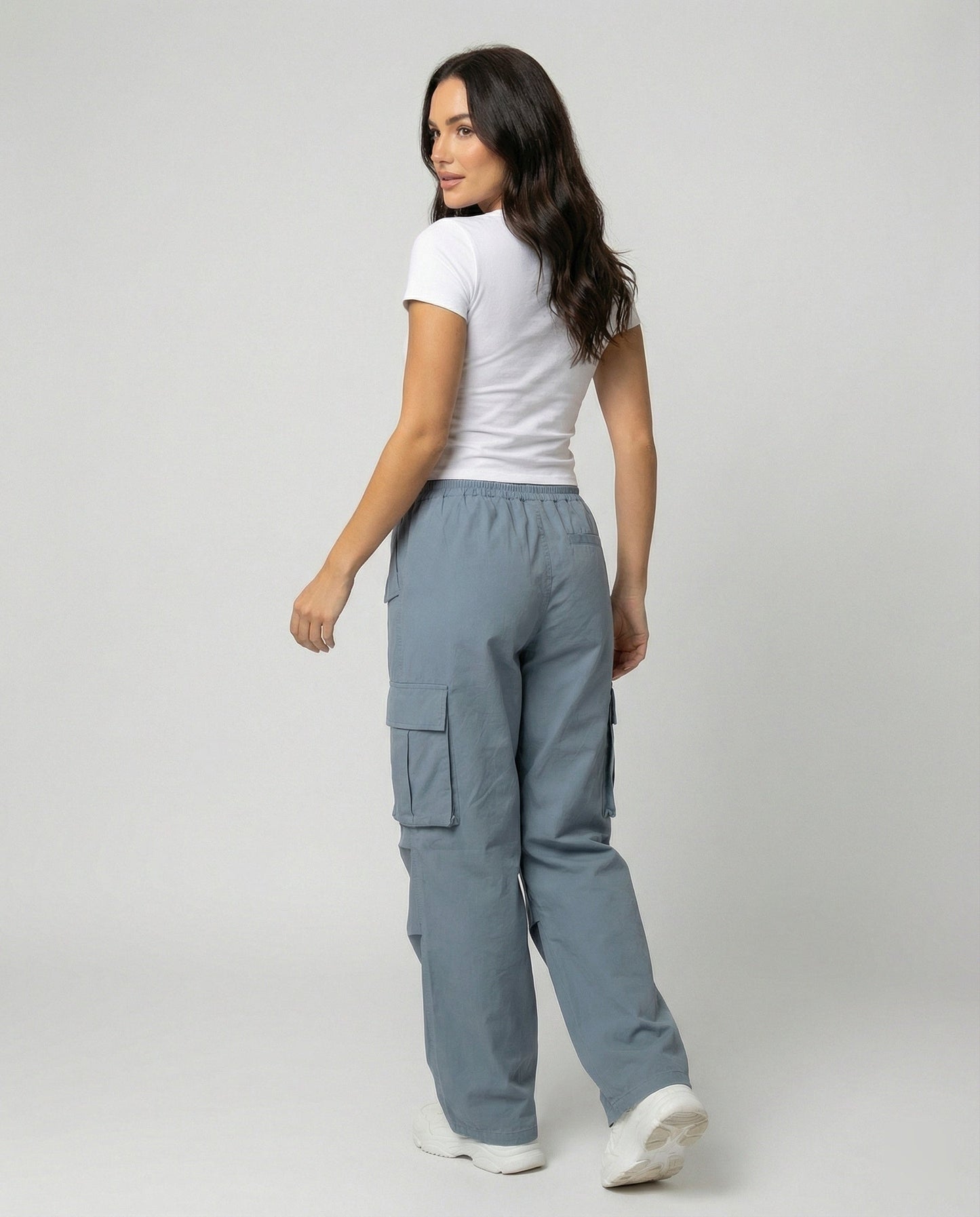 Damen weite Cargo-Hose im Retro-Utility-Stil mit hochgeschnittenem Bund Tunnelzug Mehrfachklappentaschen und verstellbar in Gelb