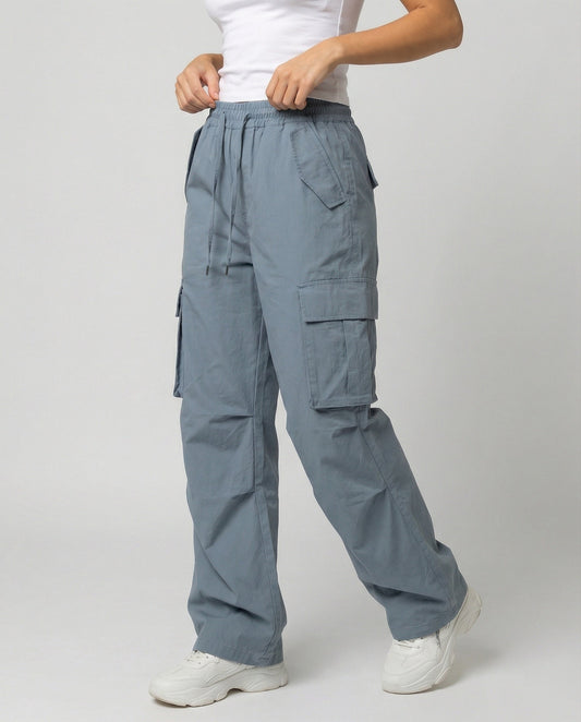 Damen weite Cargo-Hose im Retro-Utility-Stil mit hochgeschnittenem Bund Tunnelzug Mehrfachklappentaschen und verstellbar in Blau