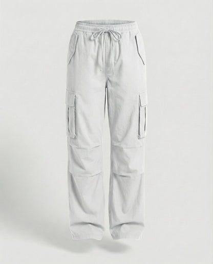 Damen weite Cargo-Hose im Retro-Utility-Stil mit hochgeschnittenem Bund Tunnelzug Mehrfachklappentaschen und verstellbar in Schwarz