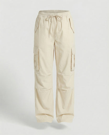 Damen weite Cargo-Hose im Retro-Utility-Stil mit hochgeschnittenem Bund Tunnelzug Mehrfachklappentaschen und verstellbar in Magenta
