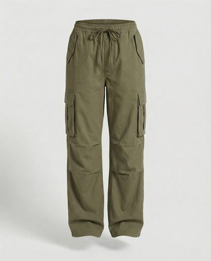 Damen weite Cargo-Hose im Retro-Utility-Stil mit hochgeschnittenem Bund Tunnelzug Mehrfachklappentaschen und verstellbar in Gelb