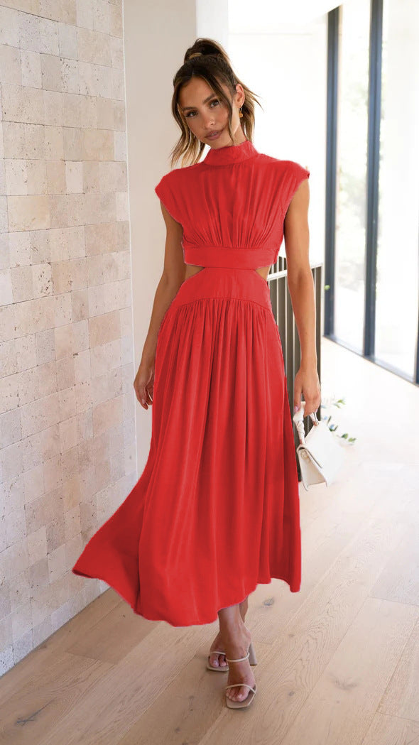 Damen Maxi-Kleid mit schickem Stehkragen und elegantem Cut-Out in Rot