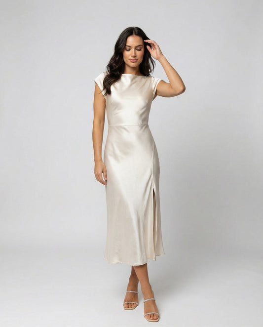 Damen schimmerndes Midikleid mit Schlitz in Champagner