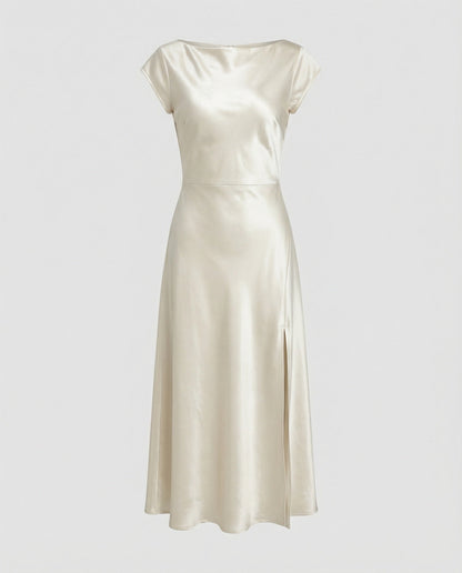 Damen schimmerndes Midikleid mit Schlitz in Champagner