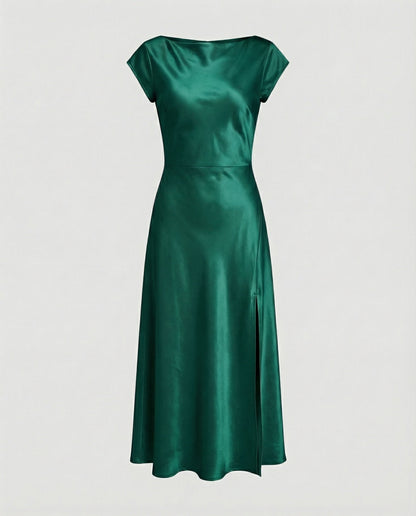 Damen schimmerndes Midikleid mit Schlitz in Hellbraun