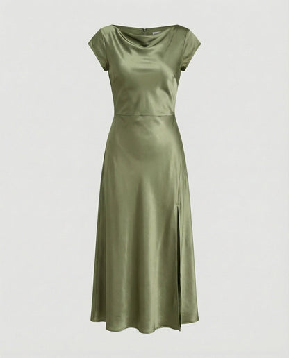 Damen schimmerndes Midikleid mit Schlitz in Hellbraun