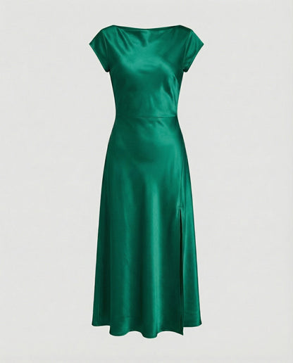 Damen schimmerndes Midikleid mit Schlitz in Hellbraun