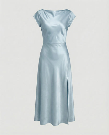 Damen schimmerndes Midikleid mit Schlitz in Blau