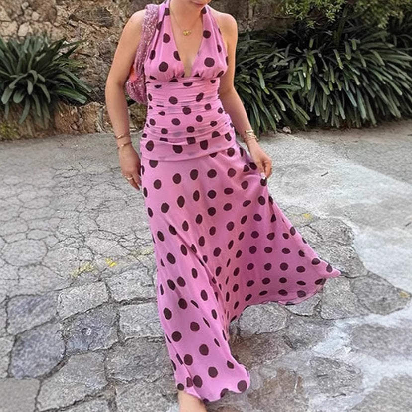 Damen Elegantes Maxikleid mit Punkten und tiefem V-Ausschnitt in Magenta