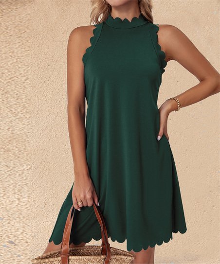 Damen ärmelloses Kleid mit Scalloped-Ausschnitt und fließendem Schnitt in Grün