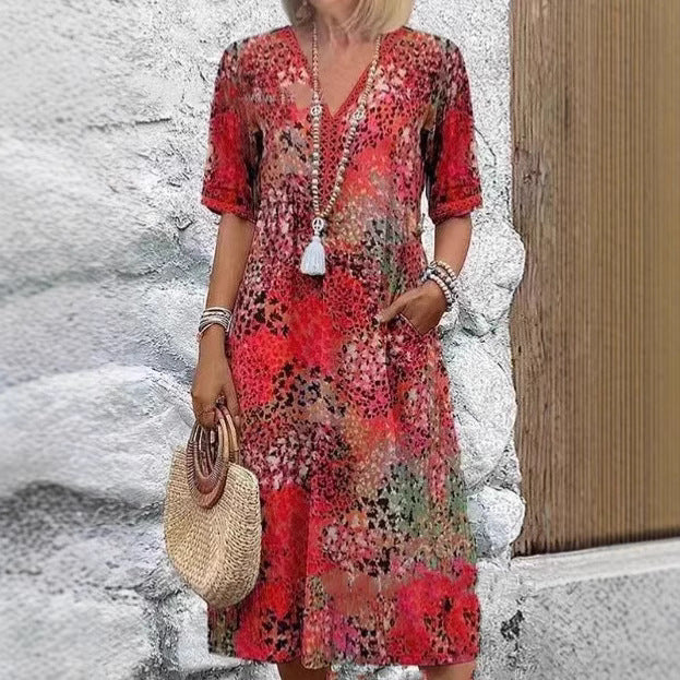 Damen lässiges Midikleid mit seitlichen Taschen in Wassermelone