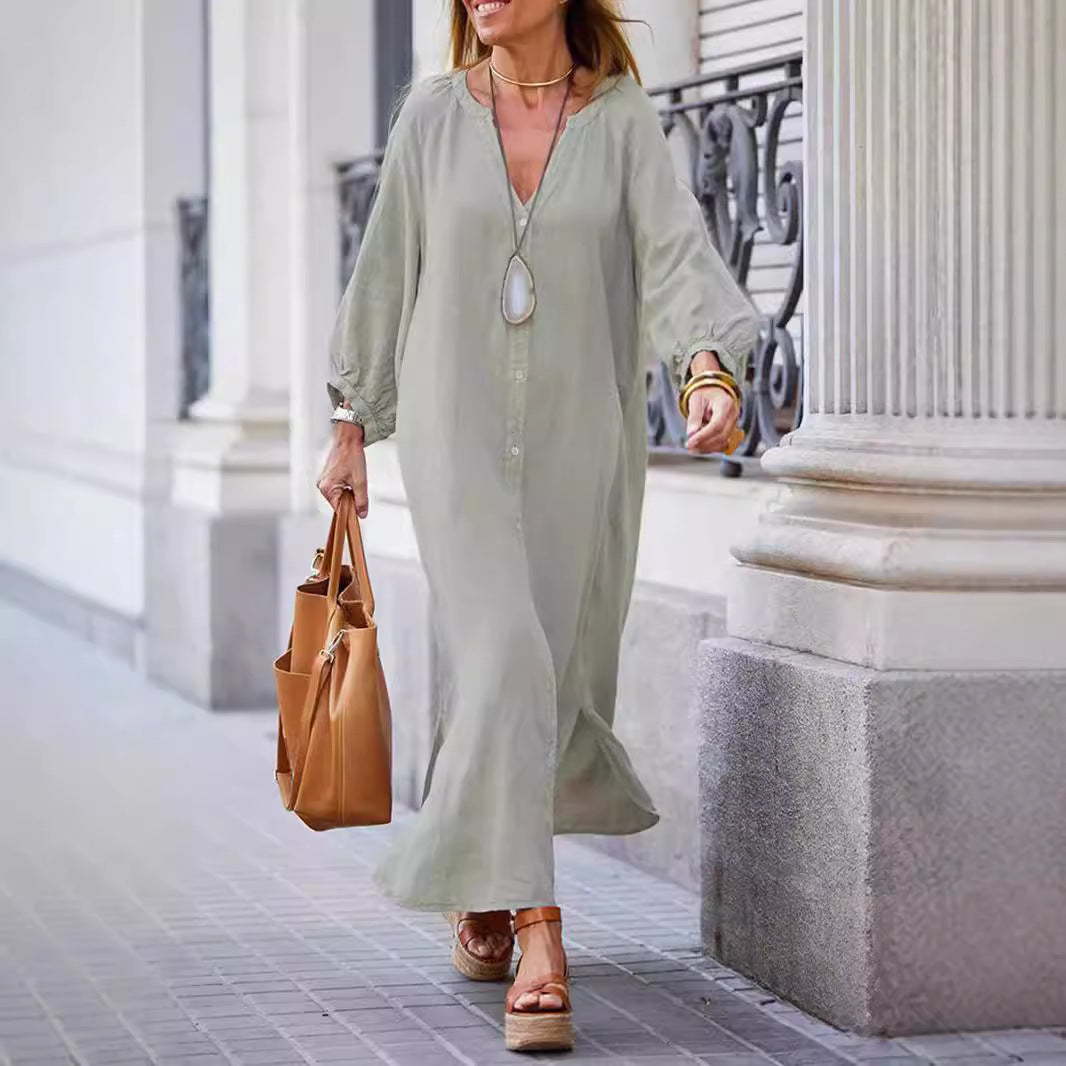Damen Maxikleid mit Knöpfen und eleganten Ärmeln in Grau
