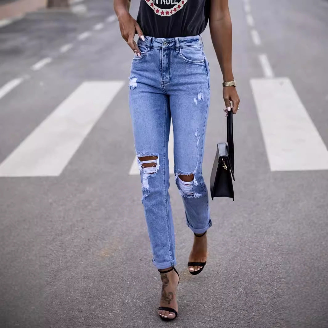 Damen Destroyed Jeans im High-Waist-Stil in Hellblau