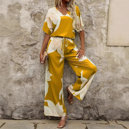 Damen luftiger Hosenanzug mit floralem Print und elastischem Bund in Grün
