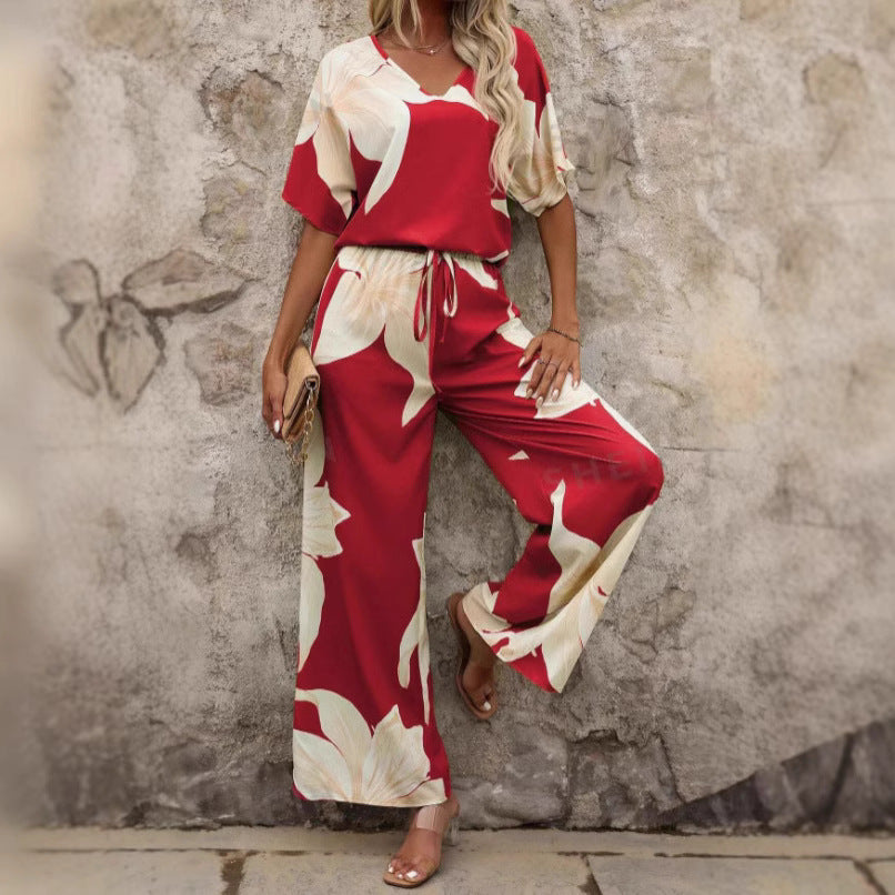 Damen Luftiges Zweiteiliges Set mit floralem Design und weitem Schnitt in Rot
