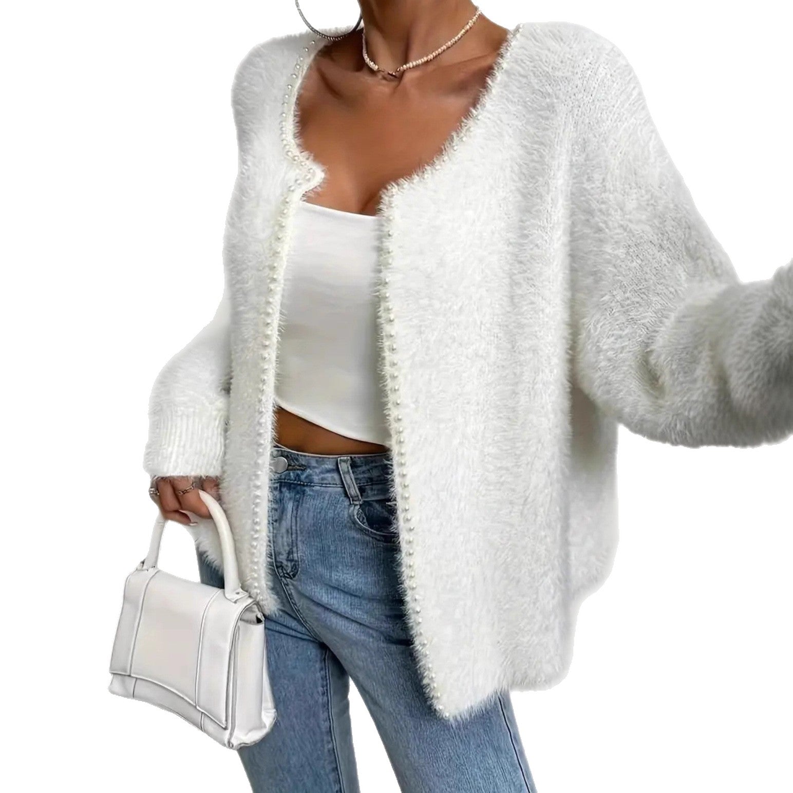 Strickjacke Damen flauschig mit Perlenverzierung in Schwarz