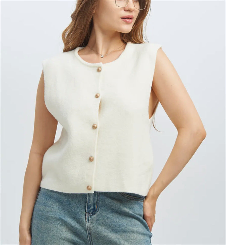 Damen Strickweste elegant mit Knopfverschluss in Braun