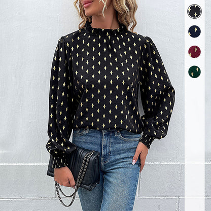 Damen Bluse mit elegantem Musterdruck und elegantem Stehkragen in Dunkelblau