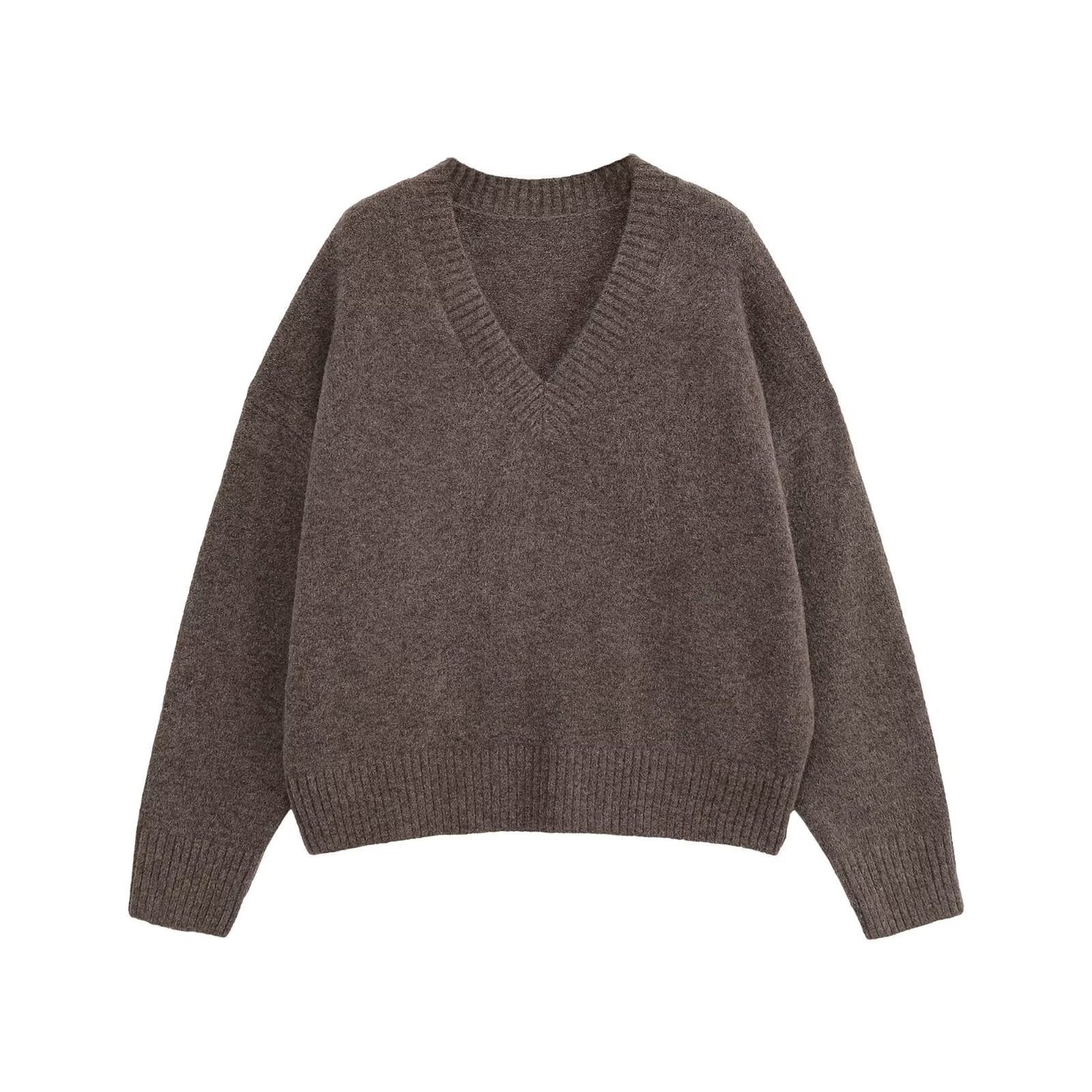 Damen V-Ausschnitt Strickpullover in Dunkelbraun