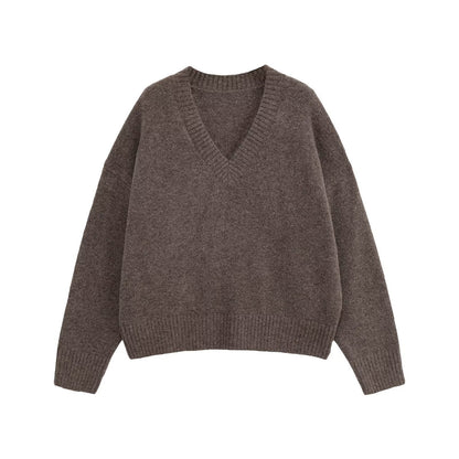 Damen V-Ausschnitt Strickpullover in Dunkelbraun