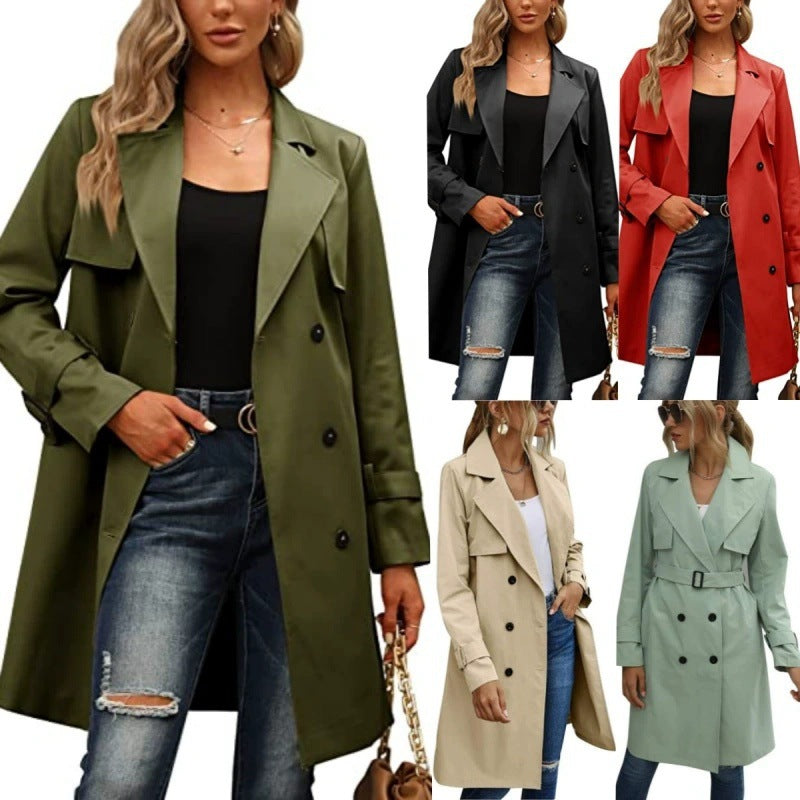 Damen Eleganter Trenchcoat mit doppelter Knopfleiste und schickem Kragen in Olivgrün