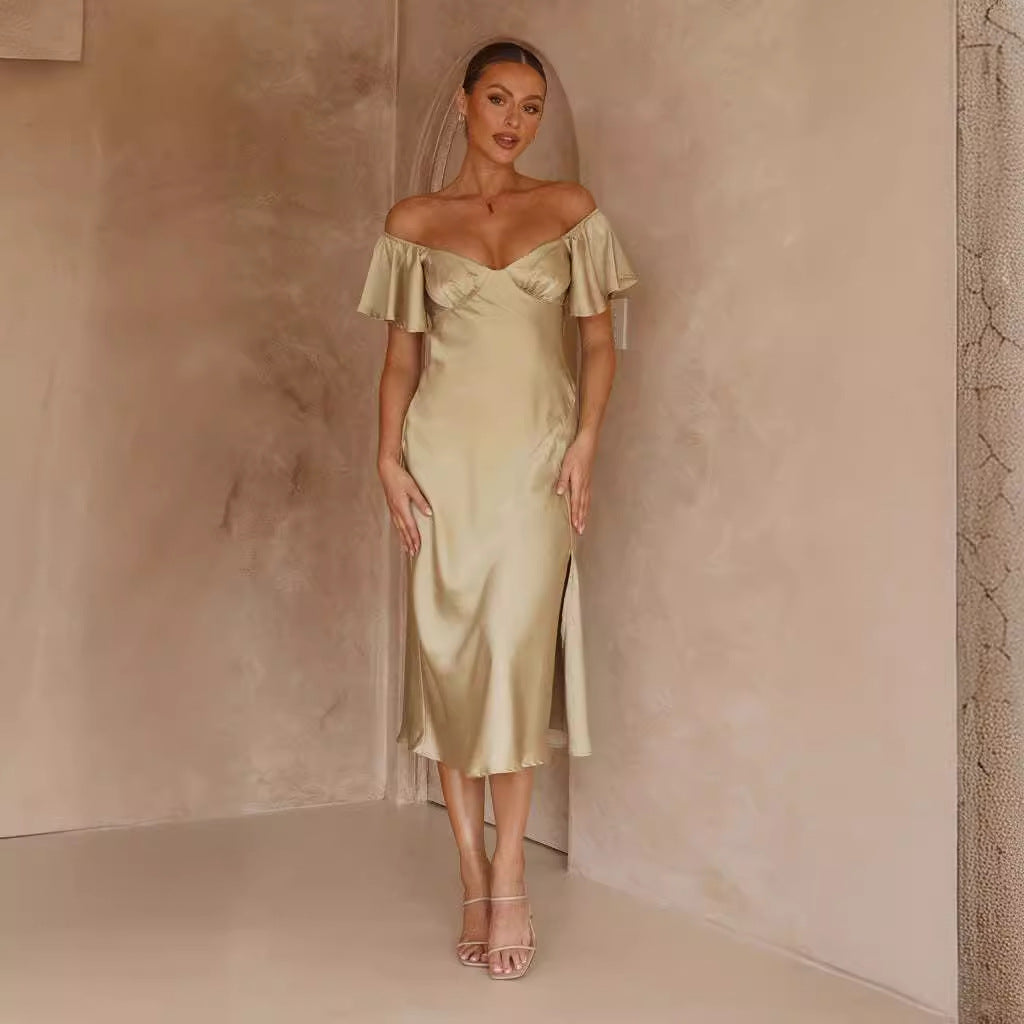 Damen elegantes Off-Shoulder Maxikleid mit seitlichem Schlitz und luftigen Rüschendetails in Silber