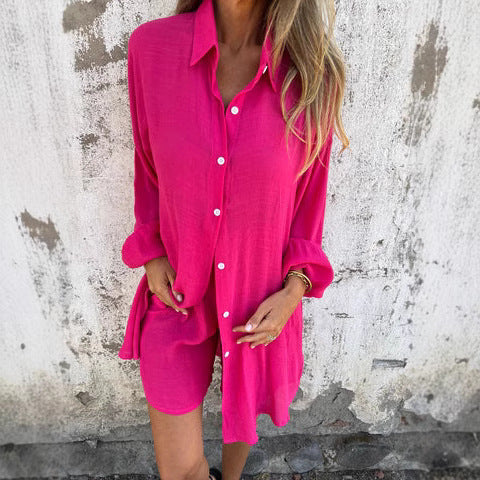 Damen Oversize Hemdkleid mit Knopfverschluss und Rollkragen in Weiß