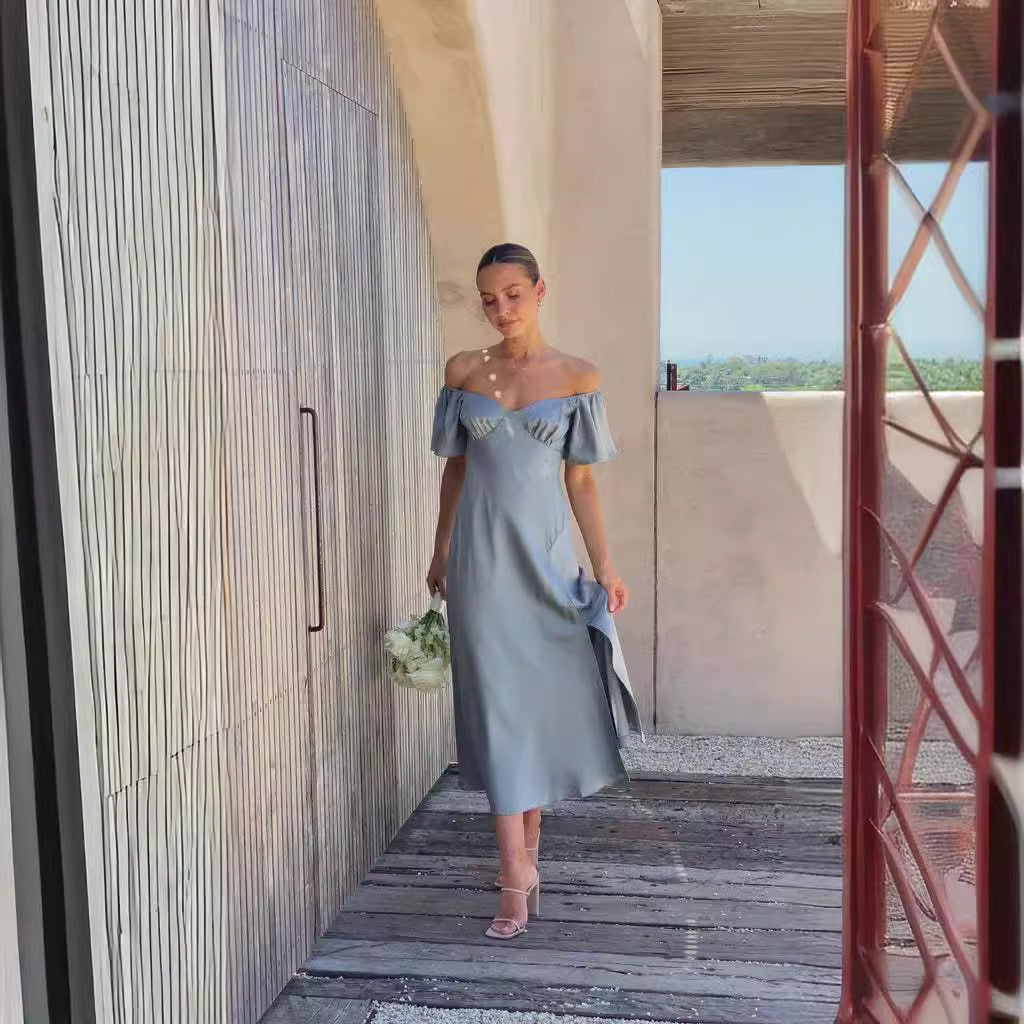 Damen elegantes Off-Shoulder Maxikleid mit seitlichem Schlitz und luftigen Rüschendetails in Grün