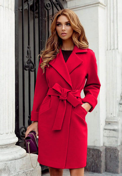 Damen eleganter Trenchcoat mit Gürtel und Taschen in Khaki