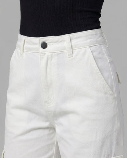 Damen hochgeschnittene weite Cargo-Hose mit Kellerfalten, großen Klappentaschen und verstellbarem Druckknopfsaum in Jeansblau