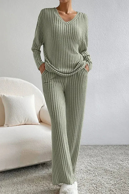 Damen Rippstrick Zwei-Teilen Loungewear Set in Schwarz