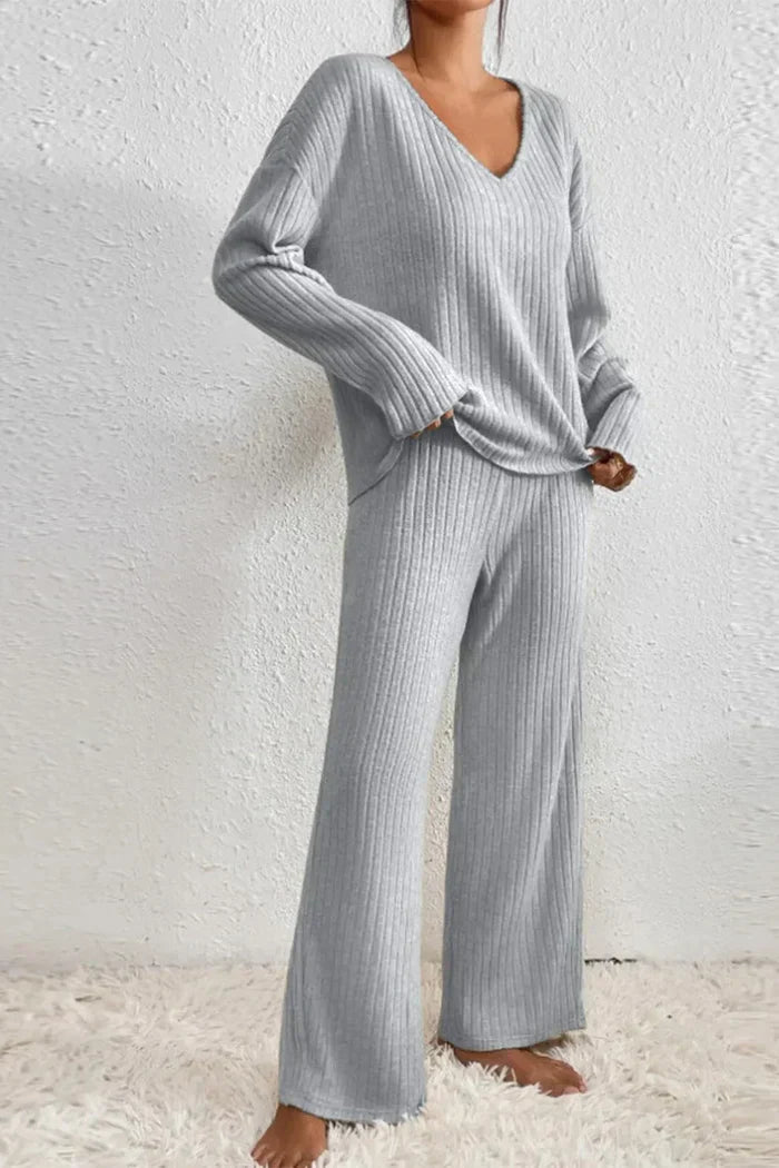 Damen Rippstrick Zwei-Teilen Loungewear Set in Hellbraun