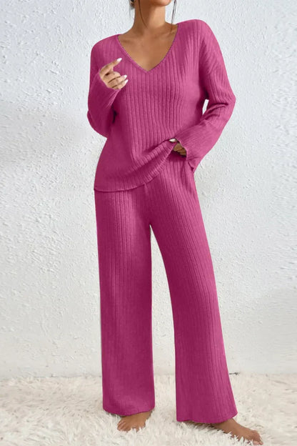 Damen Rippstrick Zwei-Teilen Loungewear Set in Hellbraun