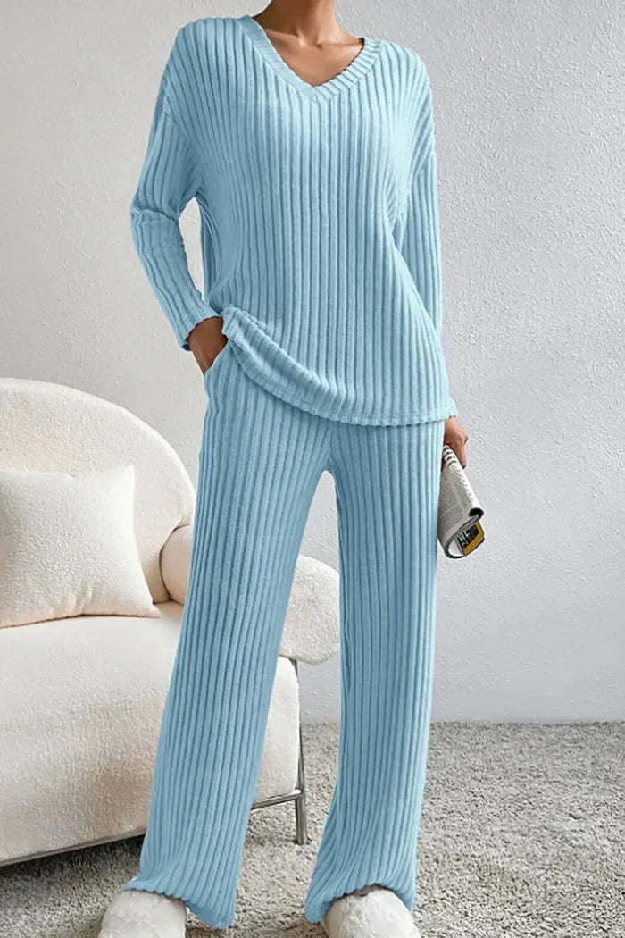Damen Rippstrick Zwei-Teilen Loungewear Set in Schwarz