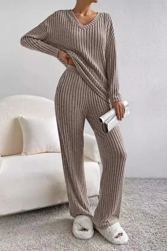 Damen Rippstrick Zwei-Teilen Loungewear Set in Schwarz