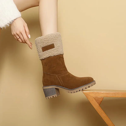 Winterstiefel Blockabsatz Mit Fell gefüttert Absatzstiefel Damenstiefel in Braun