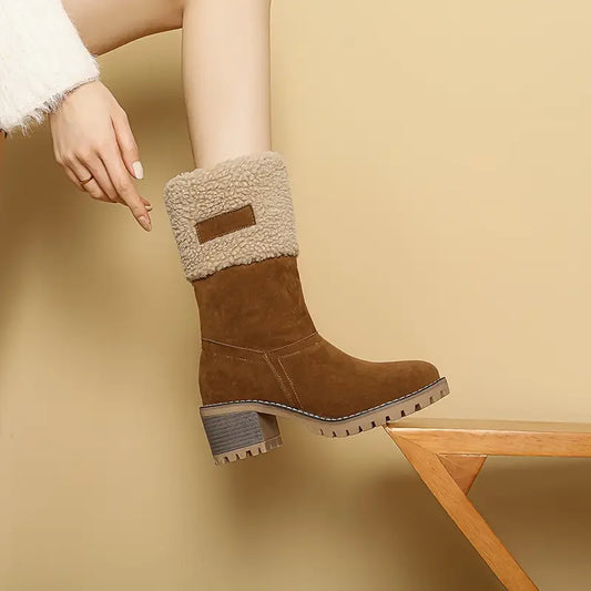 Winterstiefel Blockabsatz Mit Fell gefüttert Absatzstiefel Damenstiefel in Braun