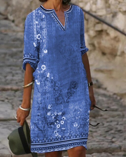 Damen Kleid mit V-Ausschnitt und floralem Ornamentmuster